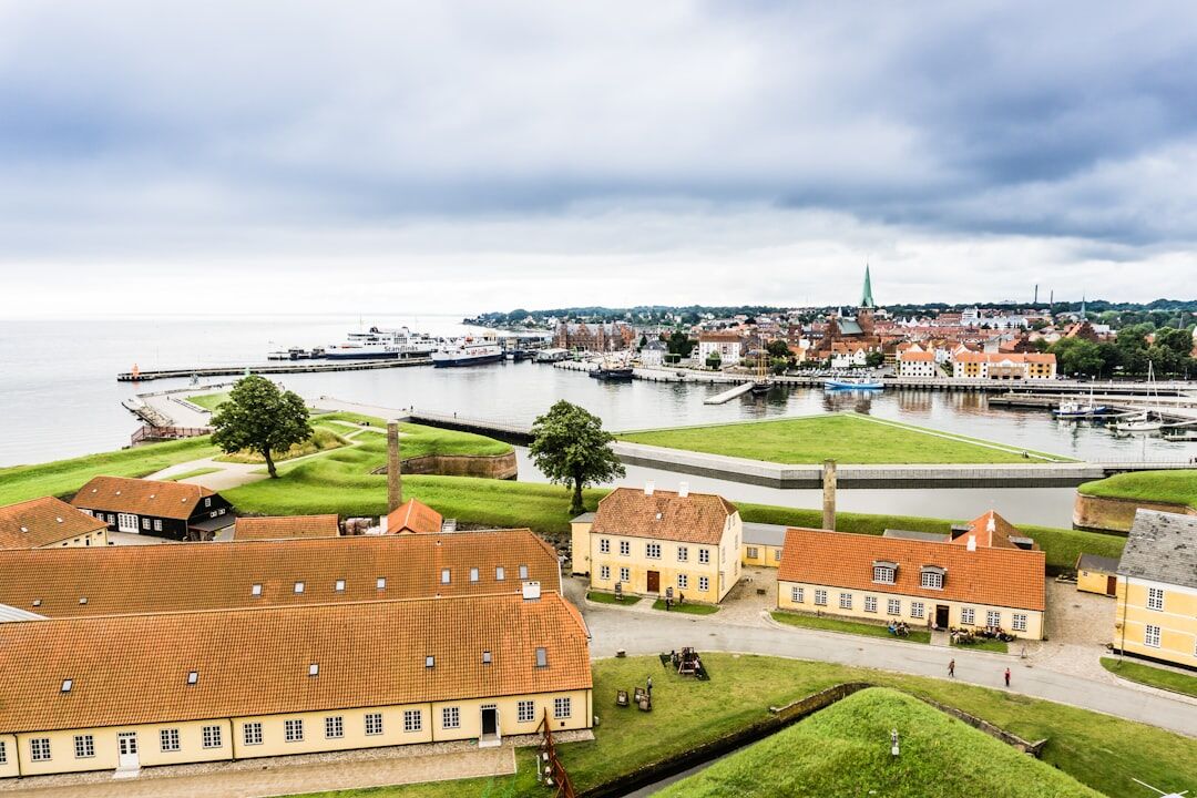 Aerial view of a small Danish coastal town