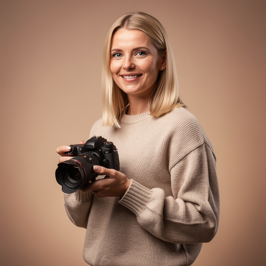 Studio portrait of a Danish woman with blonde hair holding a camera