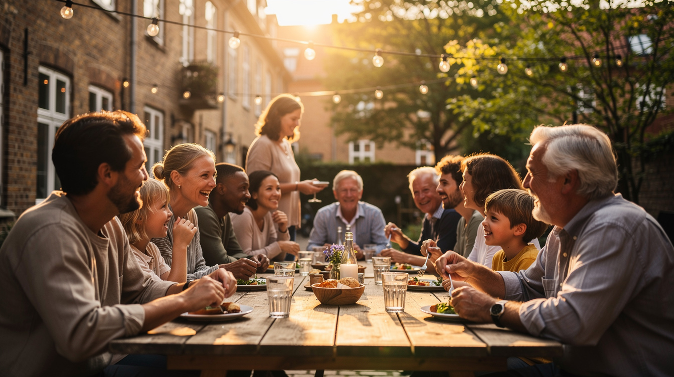 Neighbors gathering for an outdoor community event in Denmark